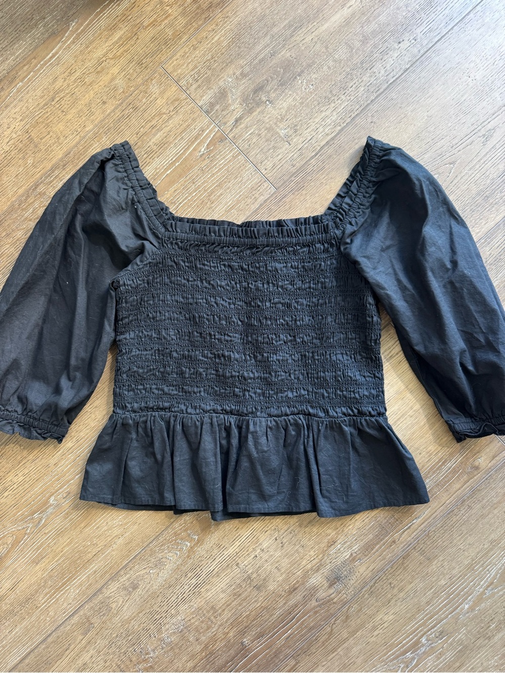 Black Smocked Peplum Square-Neck Blouse